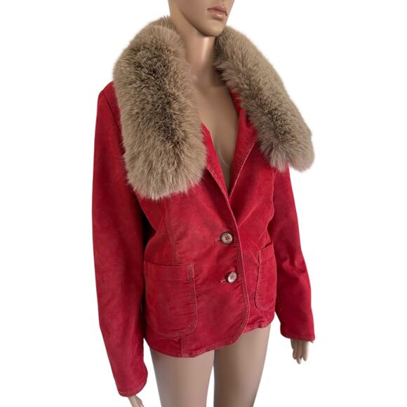 Upcycled Red Corduroy Fur Collar Jacket Penny Lane Mob Wife Boho Glam 70s Style - Picture 3 of 9